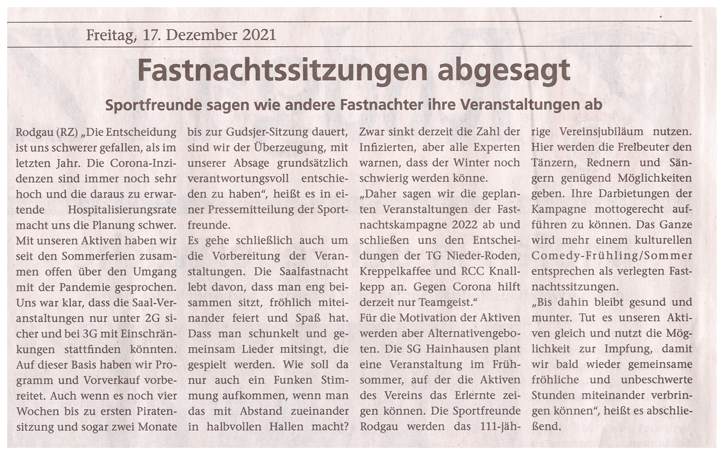 Fastnachsitzungen abgesagt Rodgau Zeitung2021 12 17