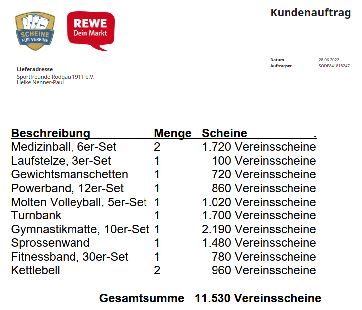 Bestellung SCHEINE FÜR VEREINE 2022